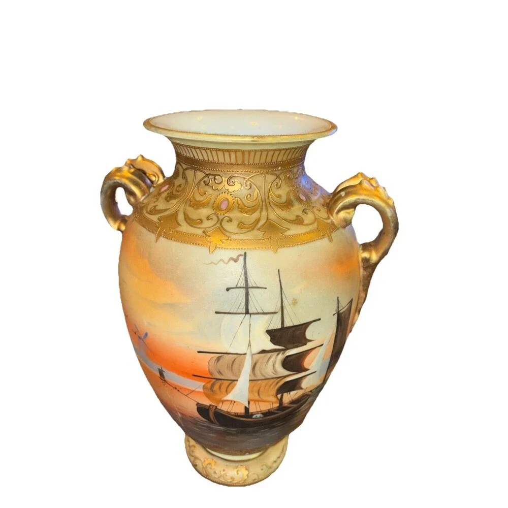 Vtg Antique Nippon Moriage Hand Painted Porcelain Vase Sailboat Windmill Sunset